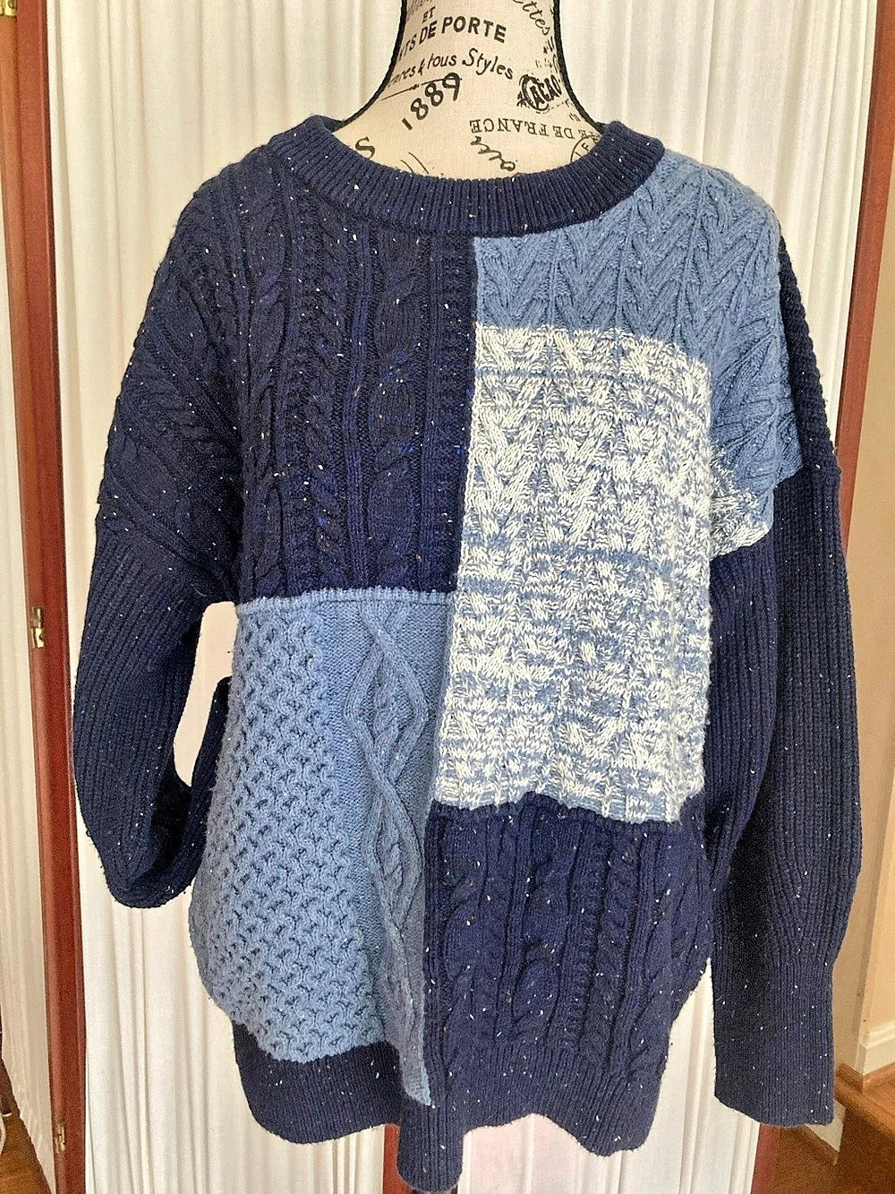 Lands' End Patchwork Cable Knit Crewneck Sweater Color Block Knit Sweater in
